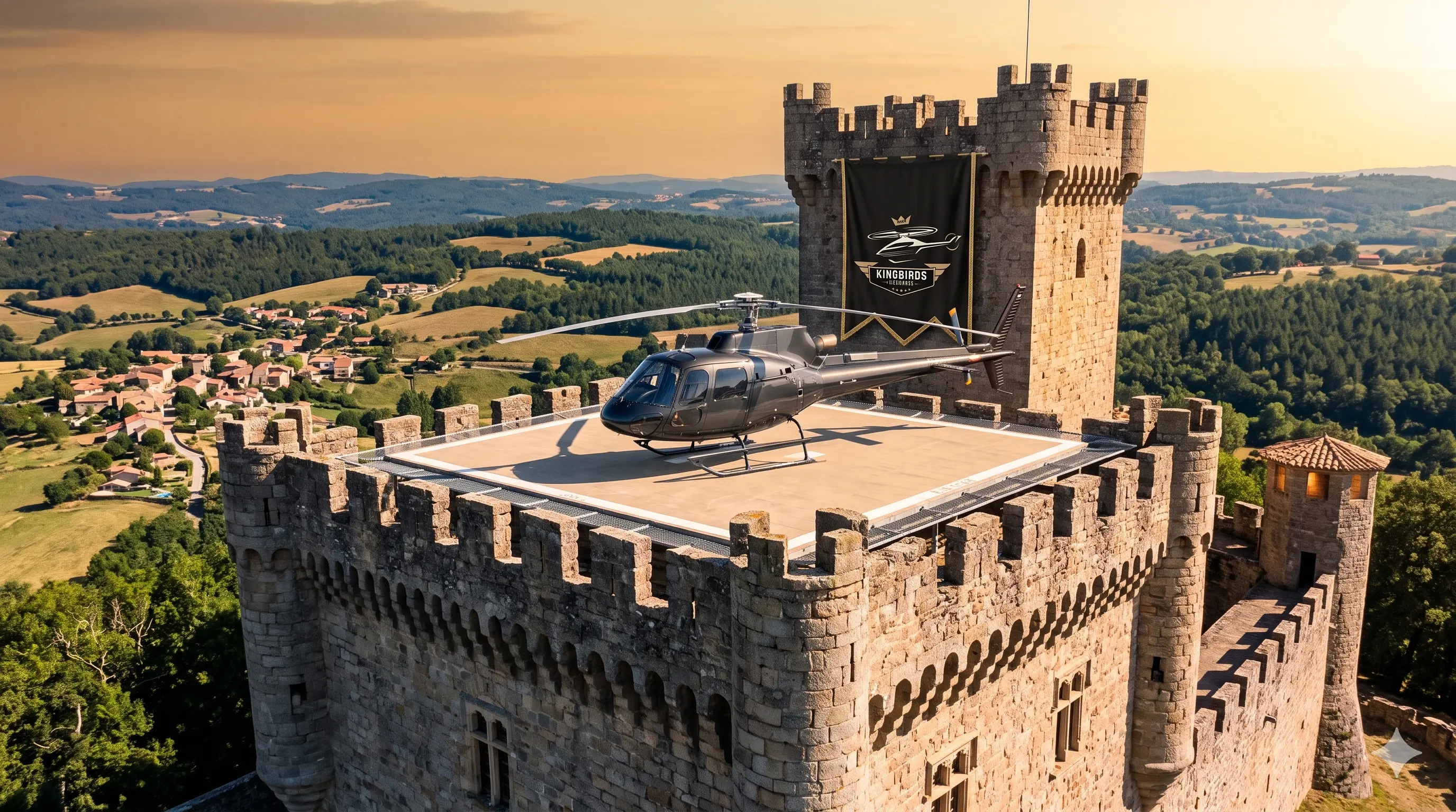 KingBirds helicopter on a castle helipad at sunset